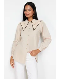 Stone Collar Detailed Cotton Woven Shirt - 2