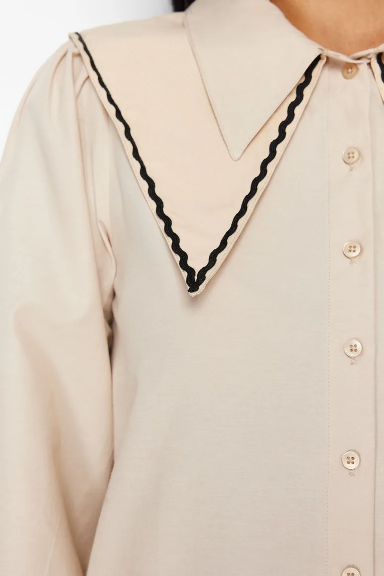 Stone Collar Detailed Cotton Woven Shirt - 4