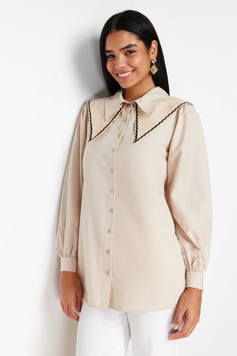 Stone Collar Detailed Cotton Woven Shirt - 1