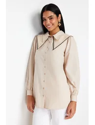 Stone Collar Detailed Cotton Woven Shirt - 1