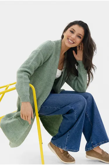 Long knit green wool cardigan