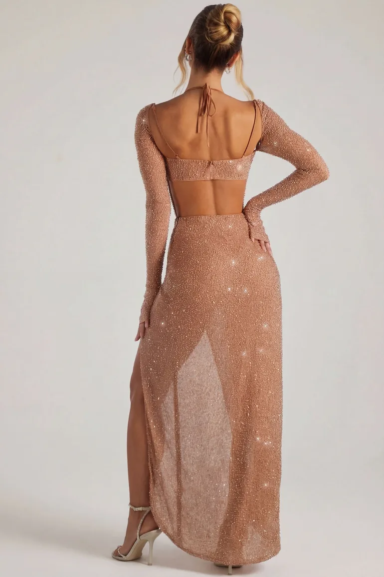Embellished Cowl Neck Maxi Dress in Nude - 2