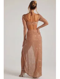 Embellished Cowl Neck Maxi Dress in Nude - 2