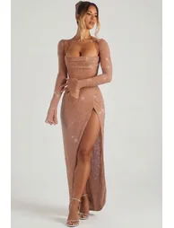 Embellished Cowl Neck Maxi Dress in Nude - 6