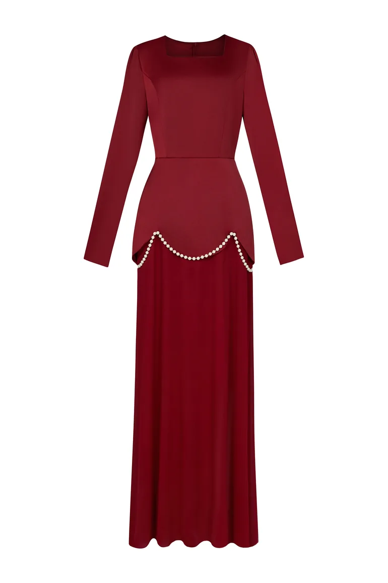 Faux Pearl Square Collar Long Sleeve Maxi Dress - 5