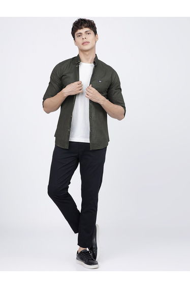 Men Olive Slim Fit Button-Down Collar Shirt