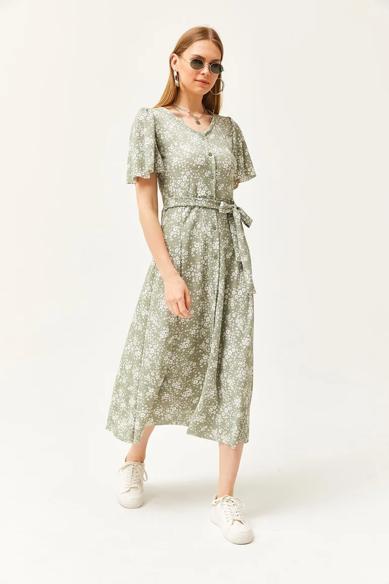 Shop Women's Daisy Green V-Neck Belted Buttoned Knitted Dress Online in Oman