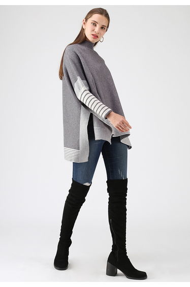 Lie in Grey Fields Striped Oversize Knit Cape Sweater