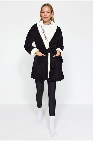 Wellsoft Knitted Dressing Gown with Pocket and Motto Embroidery