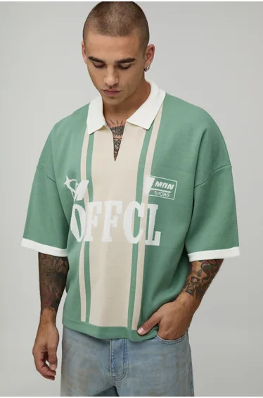 Oversized Boxy Moto Jacquard Knitted Polo - sage