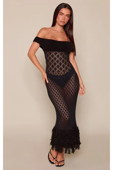 Black Crochet Fringe Hem Knitted Dress