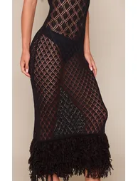 Black Crochet Fringe Hem Knitted Dress - 3