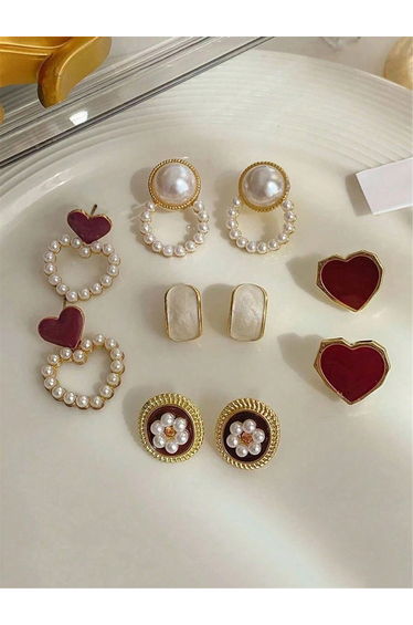 Set of 5 - Faux Pearl Embellished Earrings