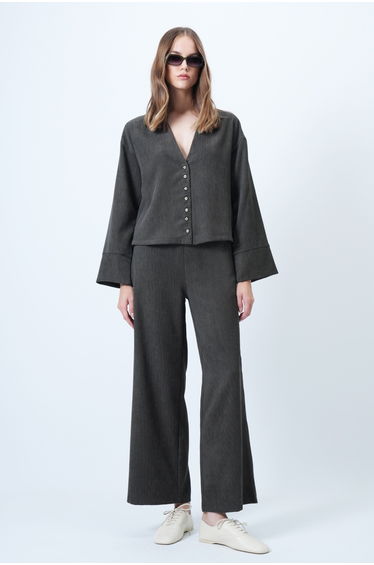 Women's Khaki Hakim Collar Gold Button Detailed Velvet Jacket and Palazzo Pants Piece Set