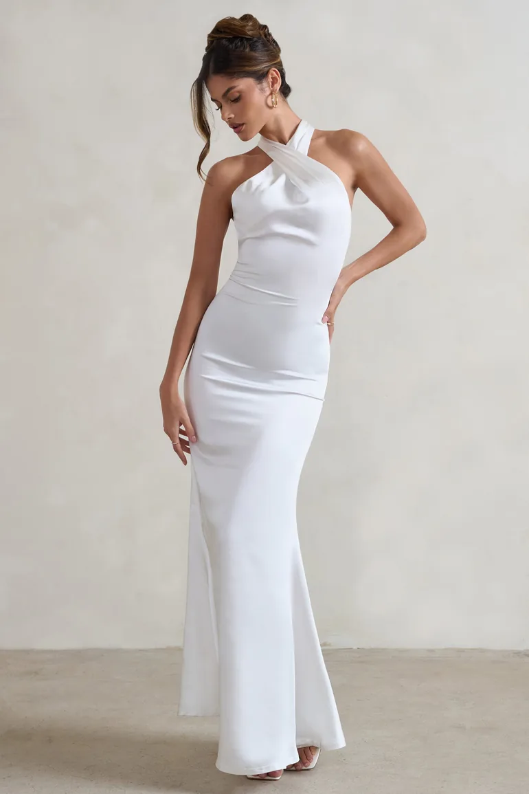Shop Unstoppable | White Satin Cross Over Halter Neck Maxi Dress Online in  Bahrain