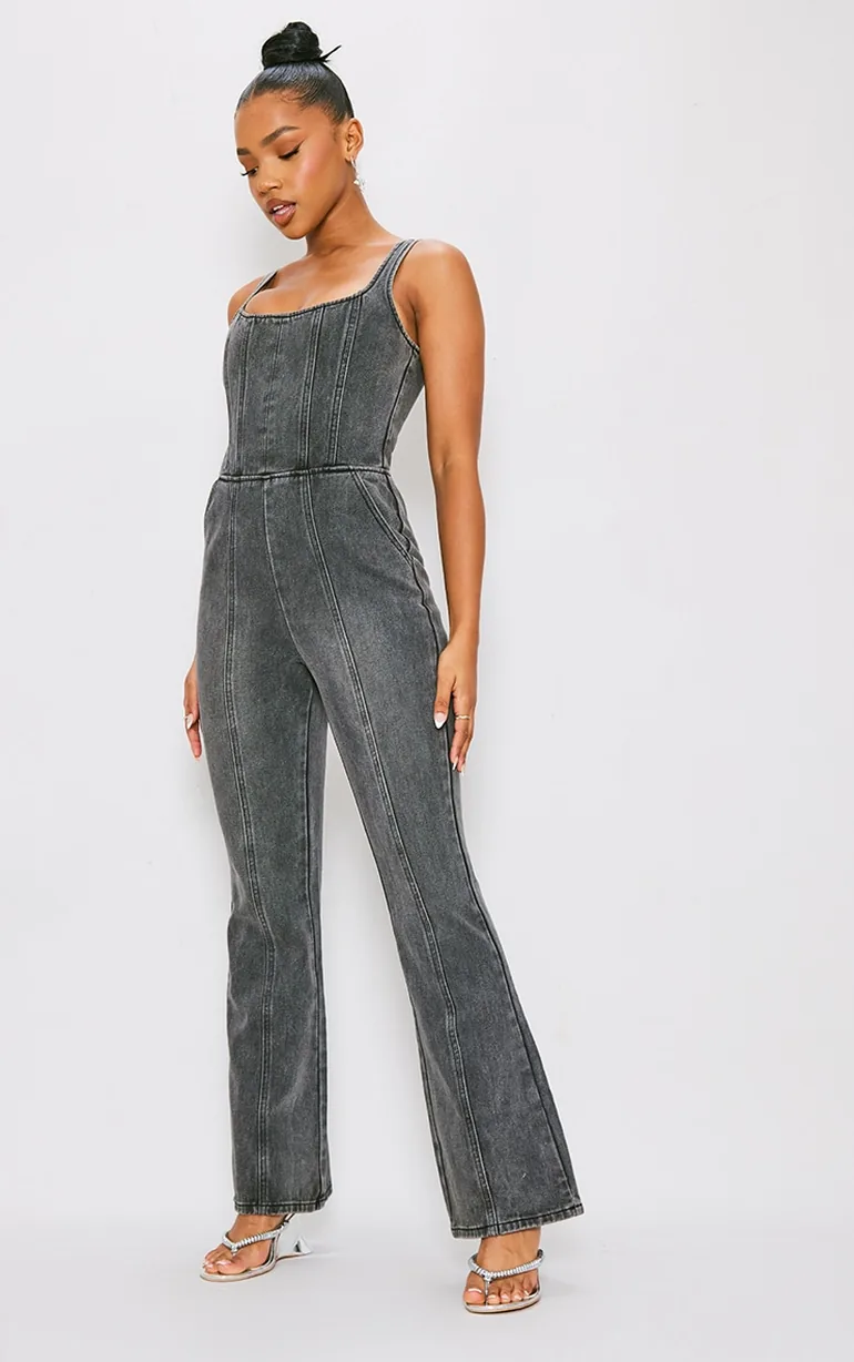 Washed Black Seam Detail Bodice Flared Denim Jumpsuit - 2
