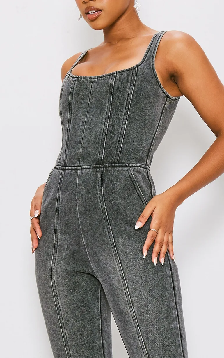 Washed Black Seam Detail Bodice Flared Denim Jumpsuit - 3