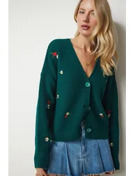 Women's Emerald Green Floral Embroidered Button Knitwear Cardigan - 2