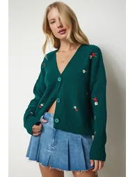 Women's Emerald Green Floral Embroidered Button Knitwear Cardigan - 1
