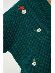 Women's Emerald Green Floral Embroidered Button Knitwear Cardigan - 4