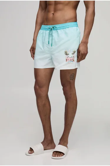 Placement Print Ombre Short Length Swim Short - turquoise