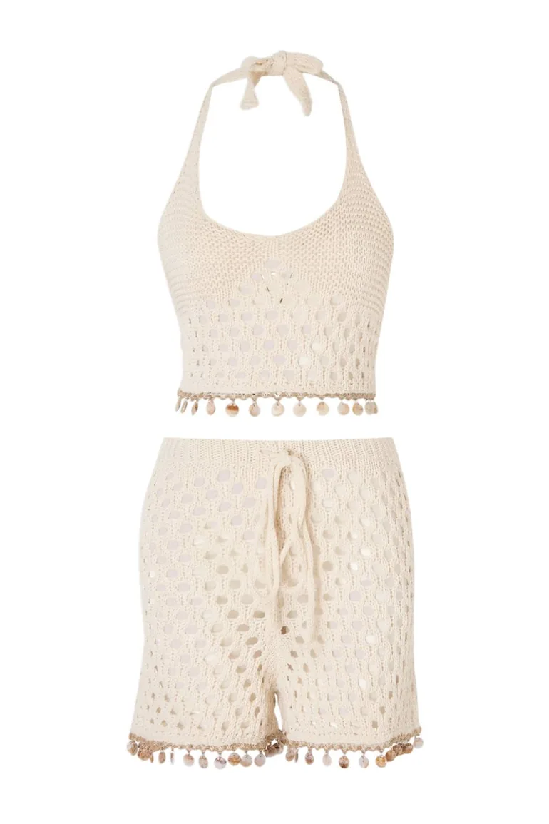 Ecru Knitwear Accessory Detail Neckline Tie-Detail 100% Cotton Beach Blouse Shorts Set - 2