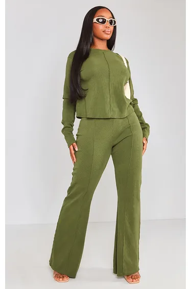 Shape Khaki Soft Rib Pocket Bum Flare Trousers