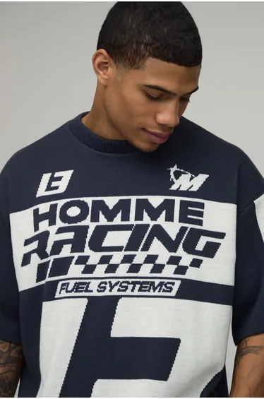 Oversized Moto Jacquard Knitted T-Shirt - charcoal