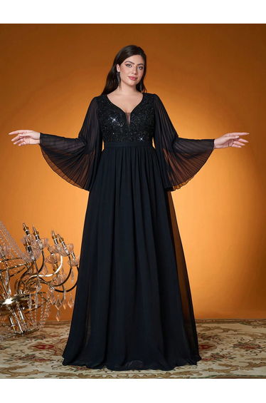 Leely Plus Women's Elegant V Neck Flare Sleeve Party Dress