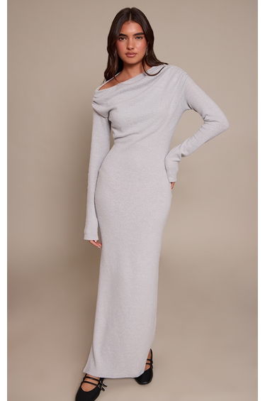 Light Grey Brushed Rib Long Sleeve Ruched Maxi Dress