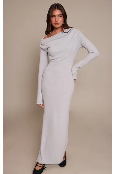 فستان بريتي ليتل ثينق رمادي ماكسي بقصة مستقيمة بأكمام طويلة