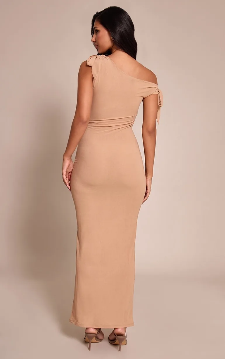 Taupe Chiffon Asymmetric Tie Details Maxi Dress Prettylittlething Beige :  Day Dresses : VogaCloset Oman