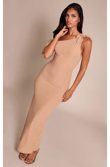 Taupe Chiffon Asymmetric Tie Details Maxi Dress