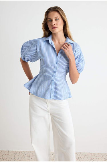 Blue Striped Balloon Sleeve Detailed Shirt