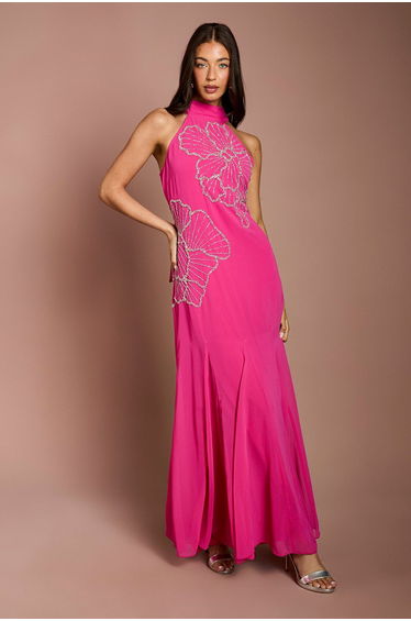 Embellished Maxi Dress With Godet Pleats