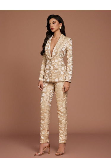 QOQ Casual Fashion Solid Color All Over Printed Long Sleeve Suit Jacket and Pants Ladies Suit Set