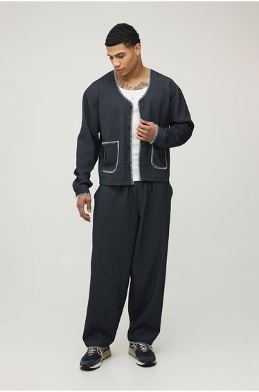 Waffle Contrast Stitch Oversized Boxy Baseball Shirt & Balloon Trouser Set - black