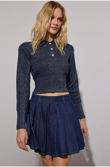Limited Edition Navy Blue Crop Glittery Yarn Knit Sweater