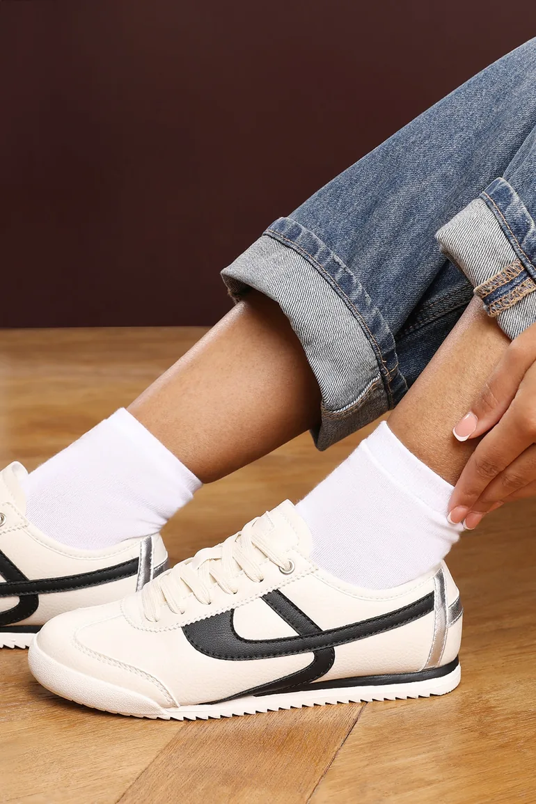 Brisa Beige Court Lace up Trainer with Black Stripe detail - 7