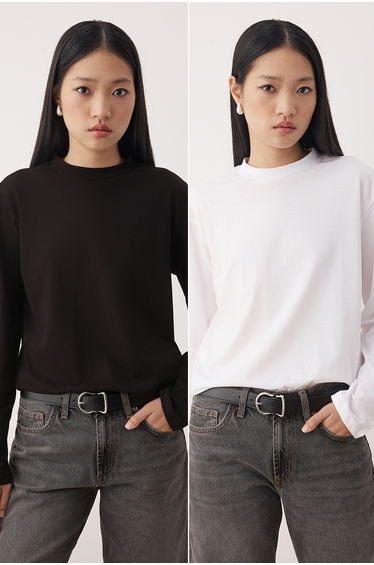 Black-White 2-Pack 100% Cotton Regular Fit Long Sleeve Stand Collar Knitted T-Shirt