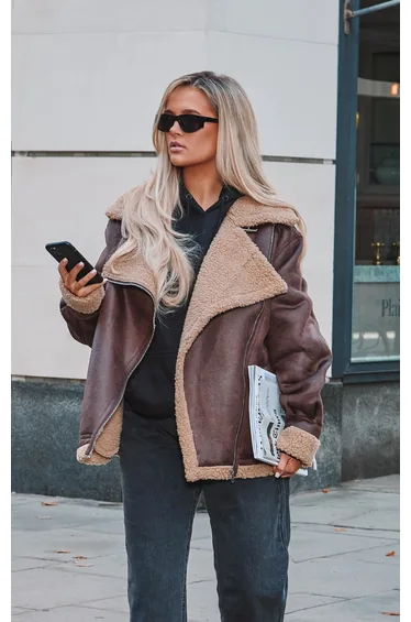 Brown Borg Lined Oversized Buckle Collar Aviator Jacket