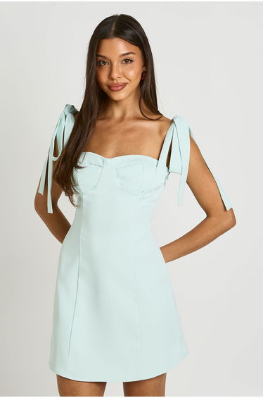 Tailored Sweetheart Neck Tie Shoulder Shift Dress - sage