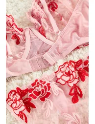 Red Embroidered Lace Rope Strapless Knitted Plus Size Lingerie Set - 2