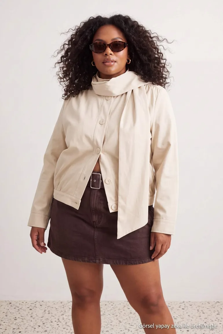 Beige Oversize Shawl Collar Mono Closure Plus Size Short Trench Coat