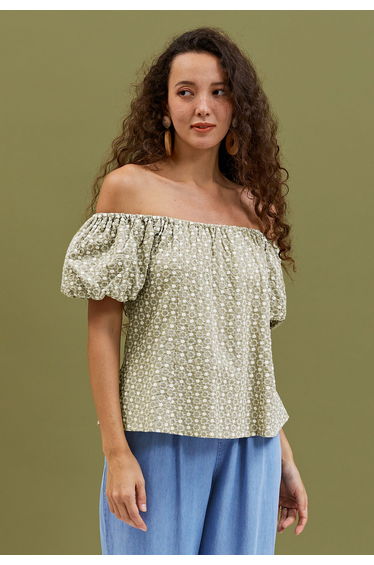 Floret Embroidered Eyelet Off-Shoulder Dolly Top in Sage