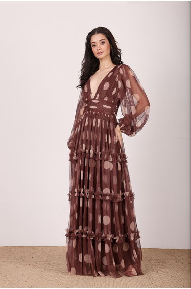 Lydia Maxi Dress in Mahogany Brown and Beige Polka Dot