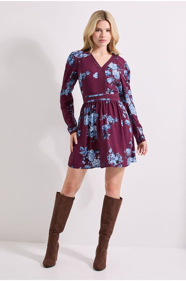 Blue Floral Lace Trim Long Sleeve Printed Mini Dress