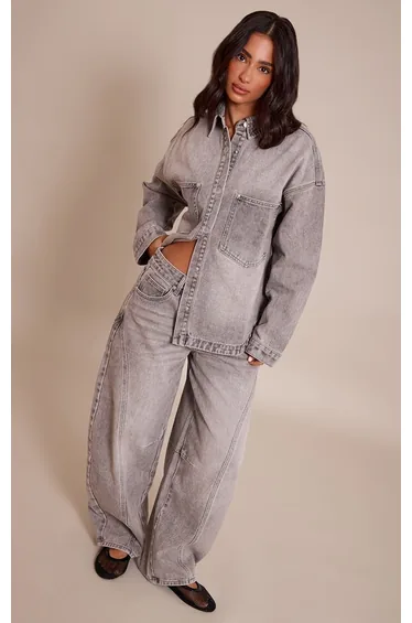 Petite Grey Oversized Denim Shirt