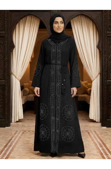 Women Black Embellished Abaya with Hijab