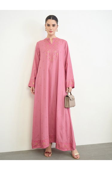 Pink Foil Print Long Sleeves Jalabiya